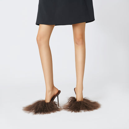 CHOCOLATE MONGOLIAN SHEARLING SUEDE MULES