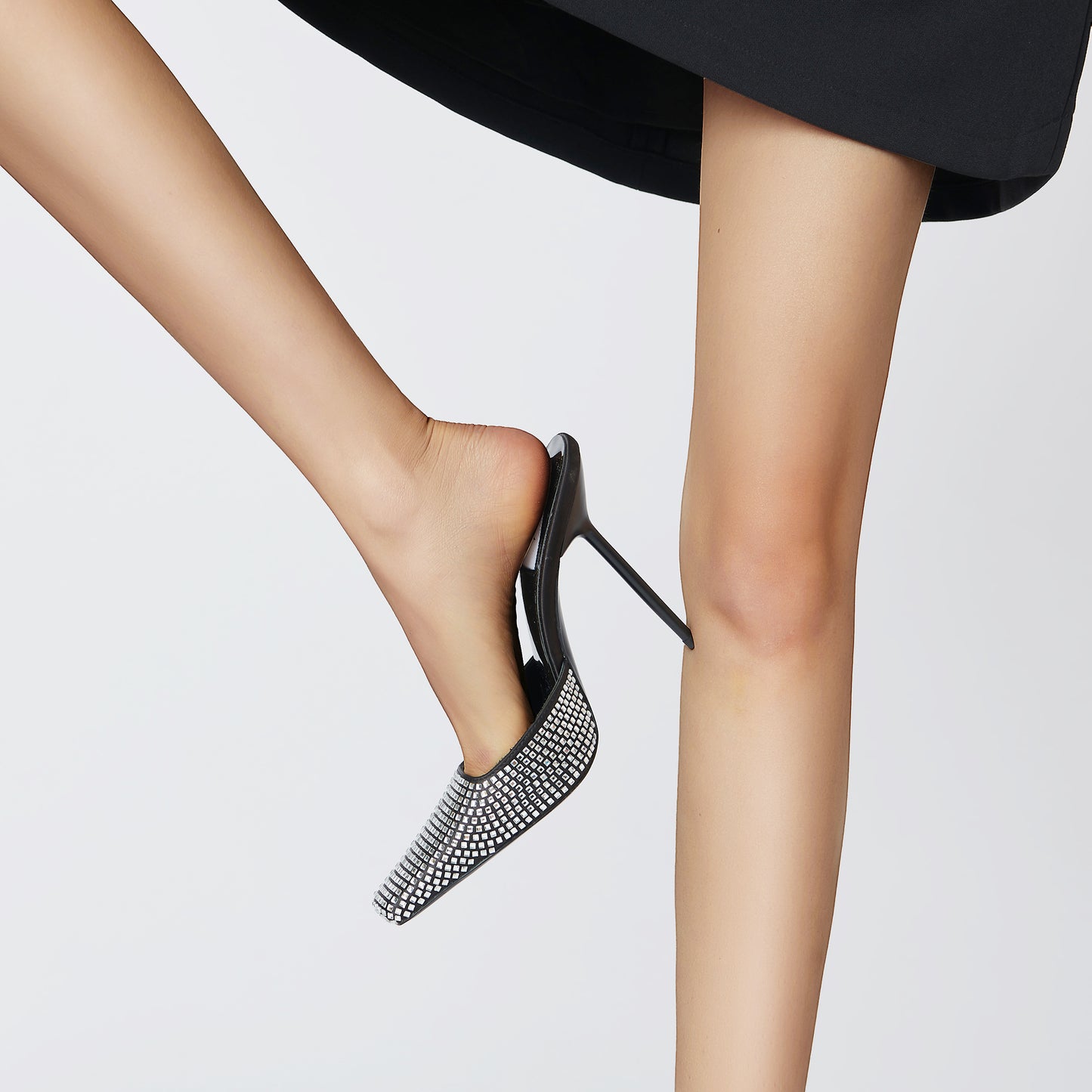 BLACK SATIN DISCO CRYSTAL MULES