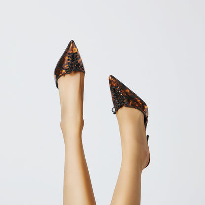 TORTOISESHELL PATENT LACE MULES