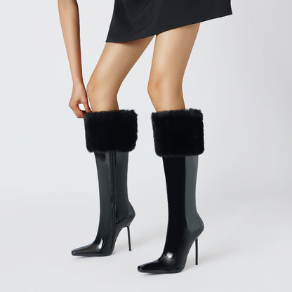 BLACK PATENT MINK CUFF BOOTS