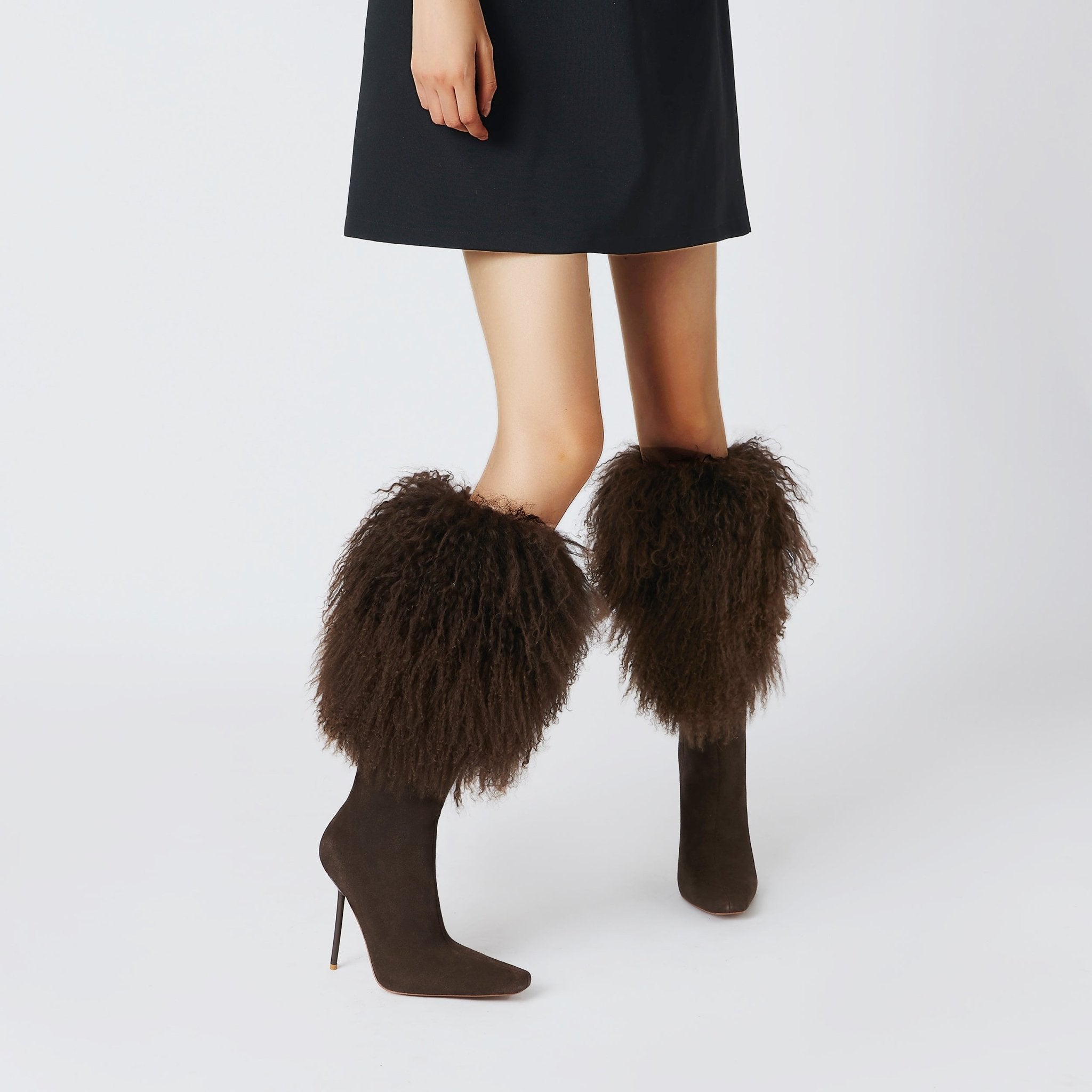 CHOCOLATE MONGOLIAN SHEARLING SUEDE BOOTS - Kandee