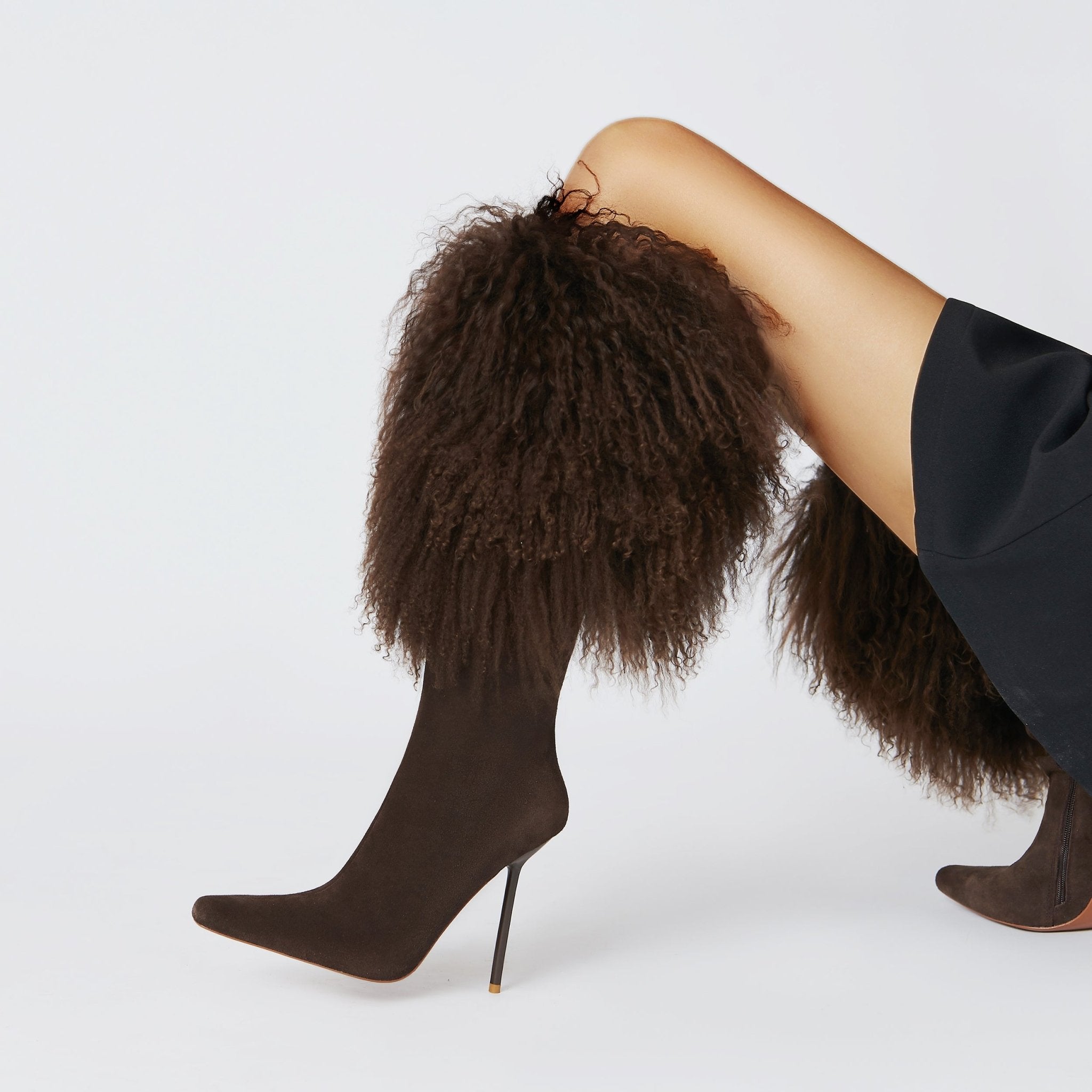 CHOCOLATE MONGOLIAN SHEARLING SUEDE BOOTS - Kandee