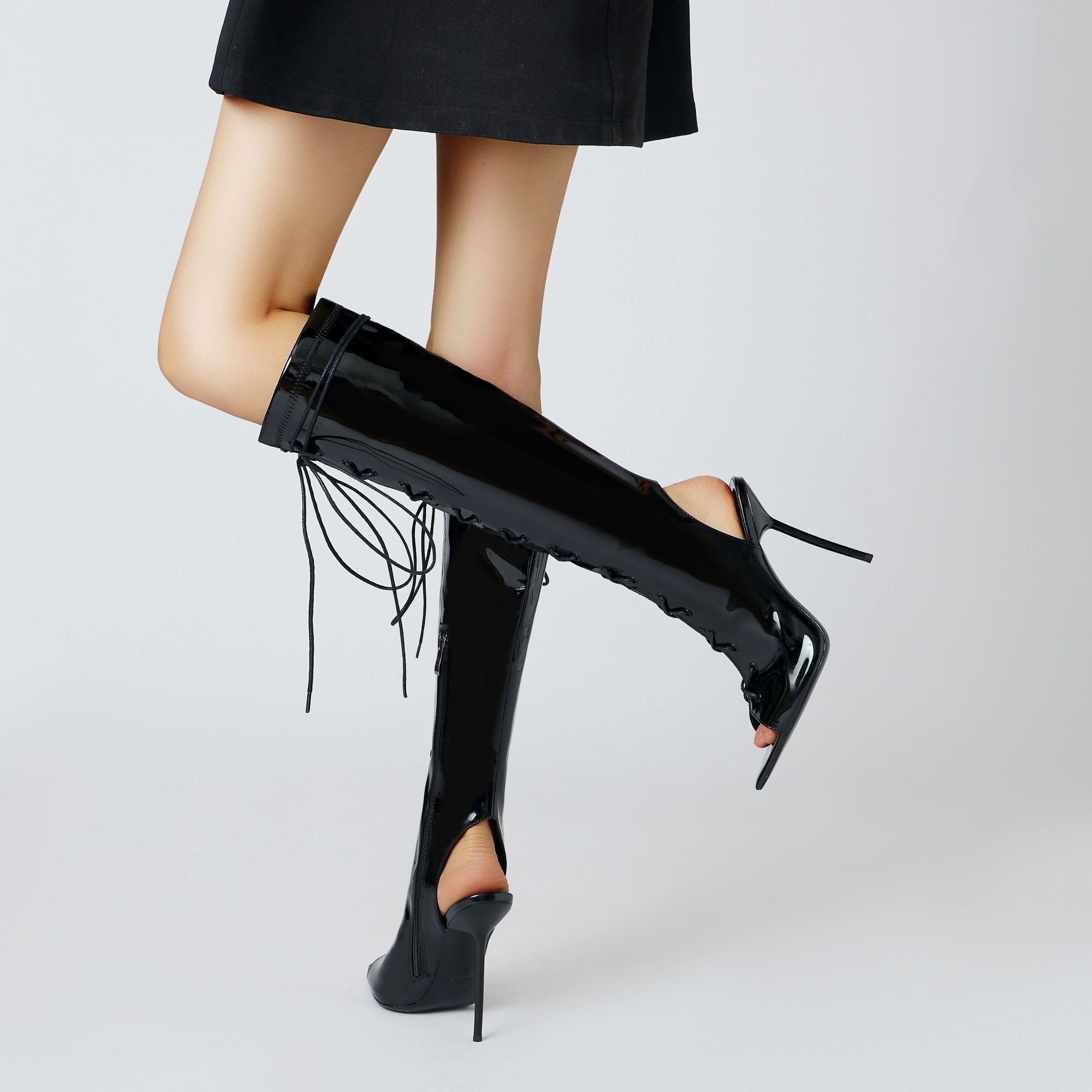 Black Latex Patent Boot Sandals - Kandee