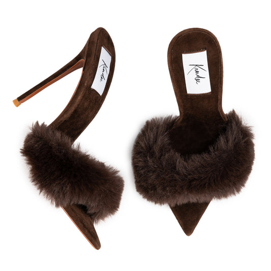 CHOCOLATE SUEDE MINK MULES