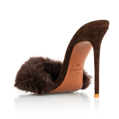 CHOCOLATE SUEDE MINK MULES