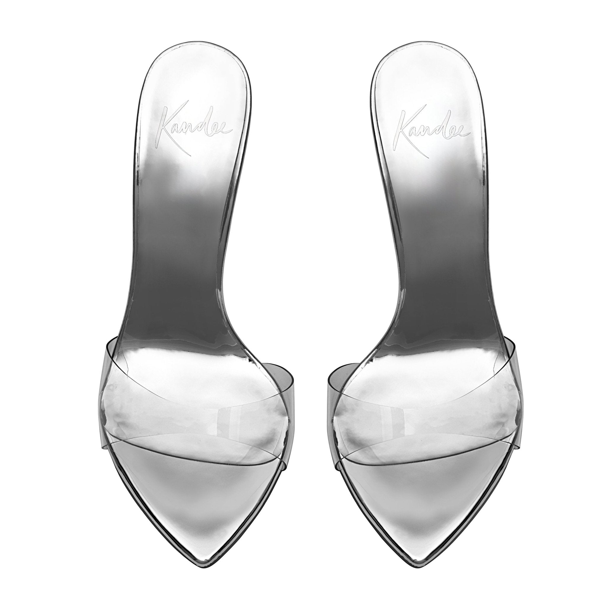 Elegant silver vegan mules with high-gloss patent mirror material