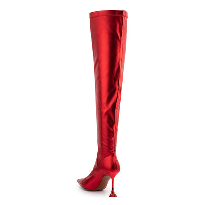 CHERRY RED STRETCH HEART THIGH BOOTS
