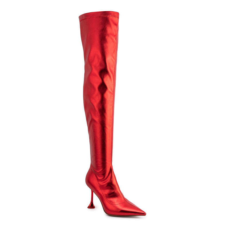 CHERRY RED STRETCH HEART THIGH BOOTS