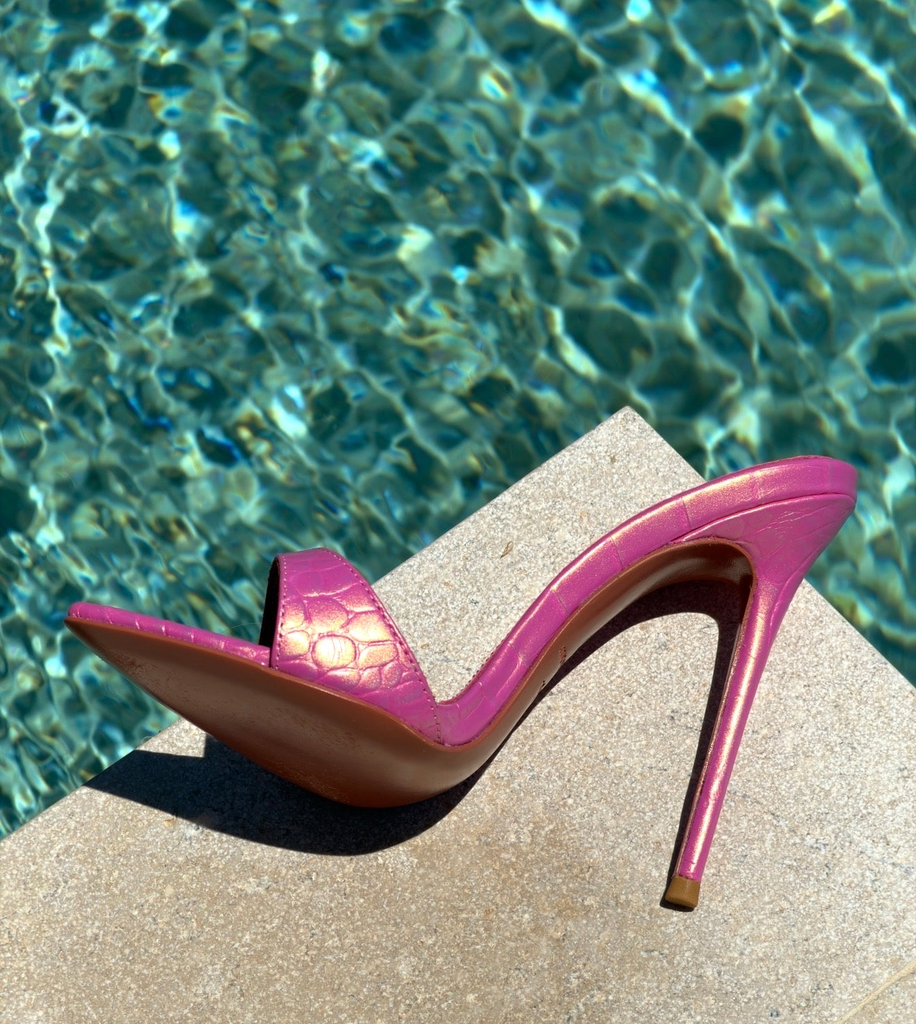 Iridescent Pink Croc Mules