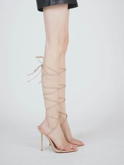 Nude patent vegan sandals with block heel and porcelain-toned finish