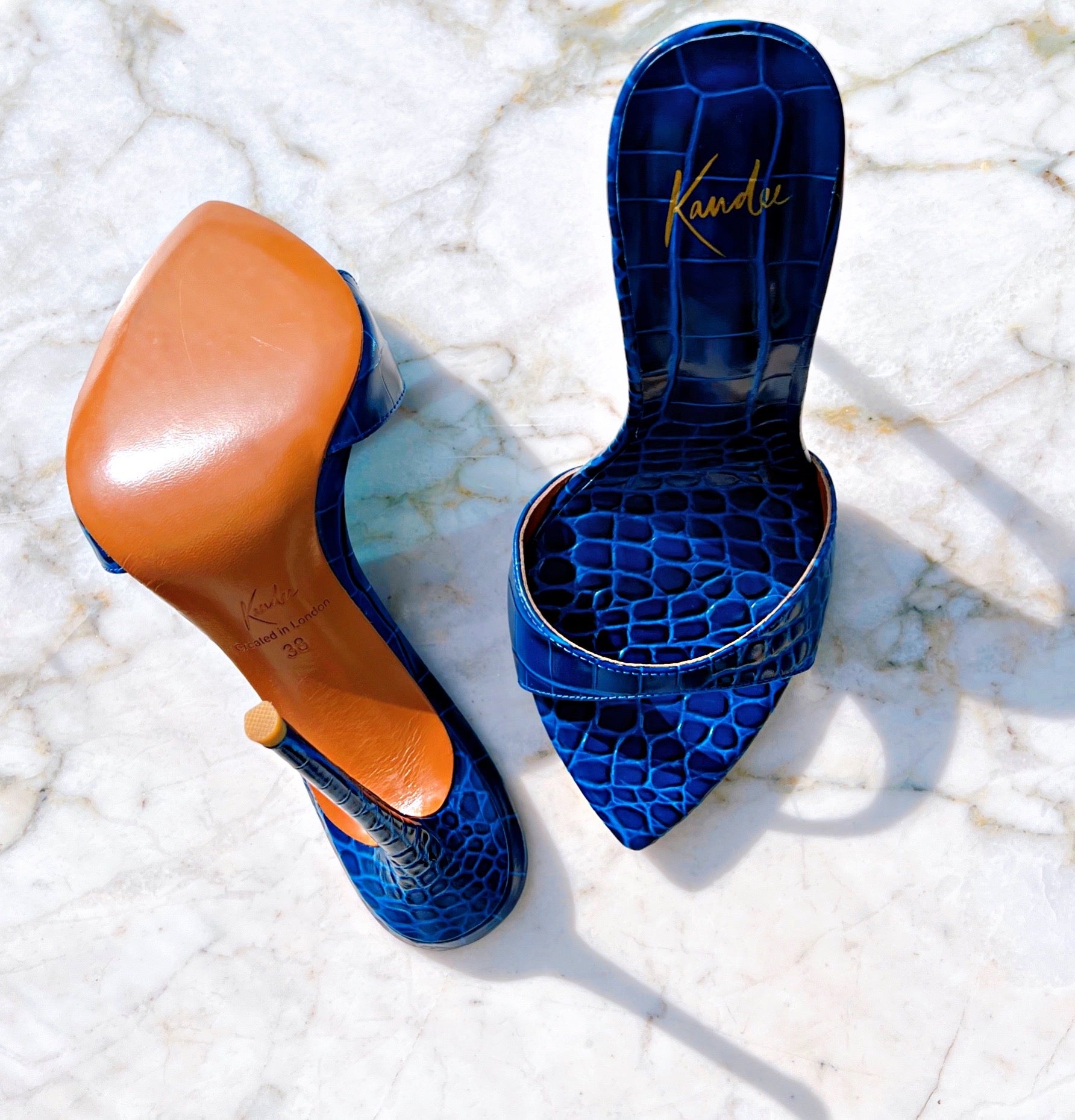 Bleu Nuit Glossy Croc Mules